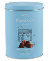 Mathez Les Parisiennes Truffes Fantaisie Marc de Champagne Dose in hellblauem Design mit Triumphbogen-Motiv und Kakao-Trüffeln