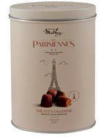 Mathez Les Parisiennes Truffes Fantaisie Natur 200 g Dose in elegantem Creme-Design mit Eiffelturm-Motiv und Kakao-Trüffeln