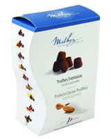 Mathez Truffes Fantaisie Sel de Guérande 250 g Packung mit Meersalzgeschmack und Abbildung von Kakao-Trüffeln sowie Salzmotiv