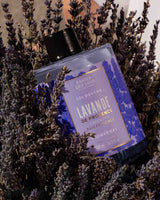 Panier des Sens Duschgel Lavendel 500ml zwischen getrockneten Lavendelblüten. Transparente Flasche mit lavendelfarbenem Etikett und Lavendelmotiv als stimmungsvolles Produktbild.