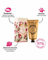 Panier des Sens Handcreme Rose mit Verpackung und Tube sowie Darstellung der Inhaltsstoffe wie Sheabutter, Olivenöl und ätherisches Rosenöl, 97 % natürliche Inhaltsstoffe