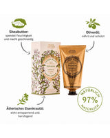 Panier des Sens Handcreme Verbene mit Verpackung und 75 ml Tube, Darstellung der Inhaltsstoffe Sheabutter, Olivenöl und ätherisches Eisenkrautöl sowie Hinweis 97 Prozent natürlich